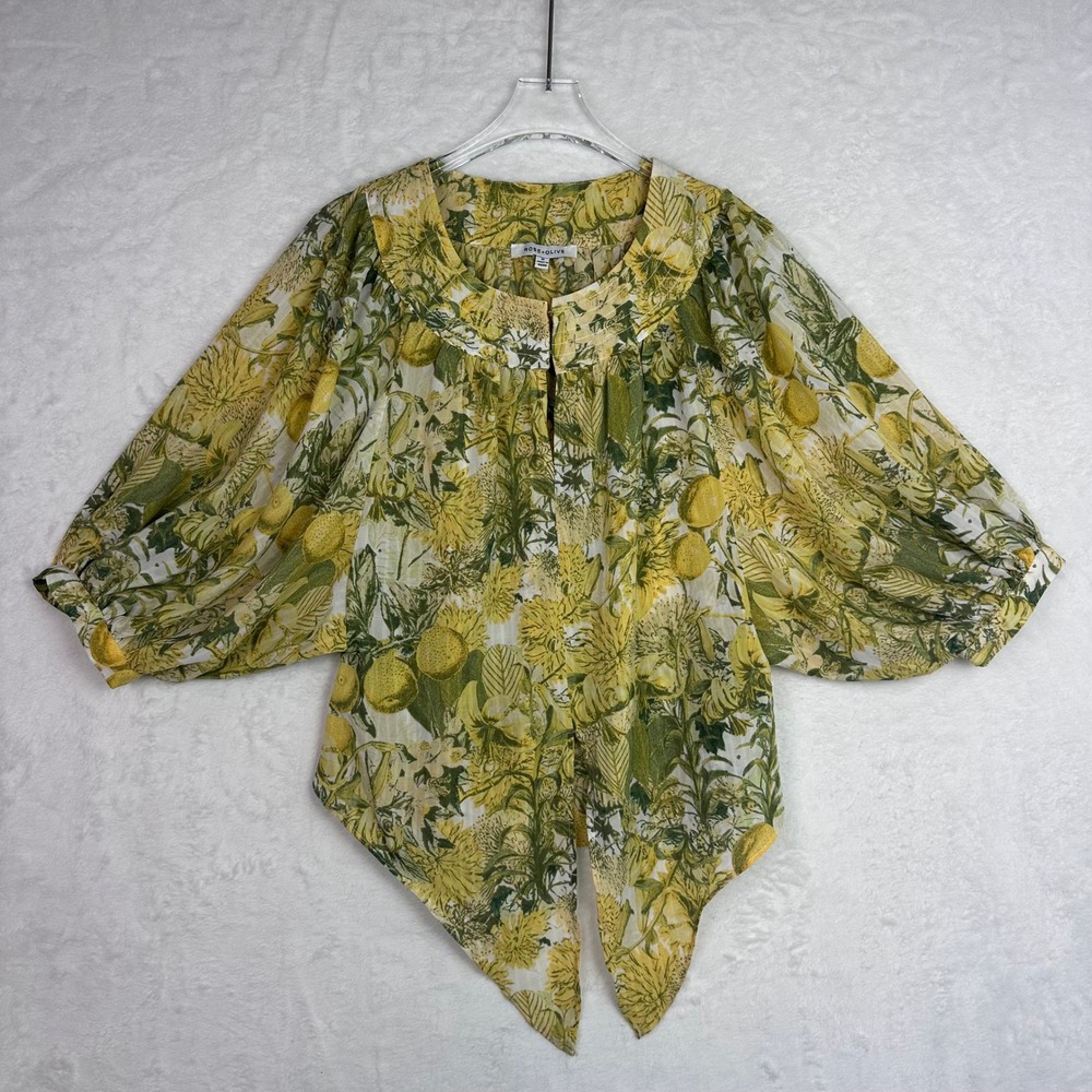 Rose + Olive Women Yellow Green Lemon Floral Puff Sleeve Tie Front Blouse Medium